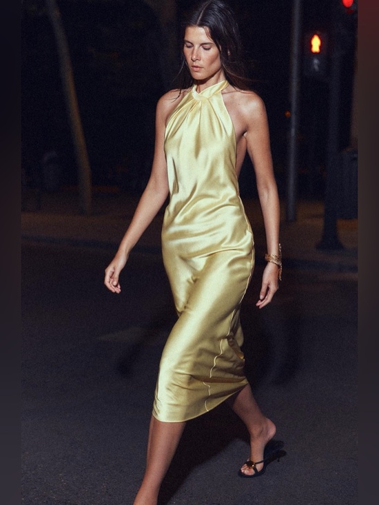 Zara butter Yellow Backless Halter maxi Dress holiday evening wedding - Picture 14 of 16